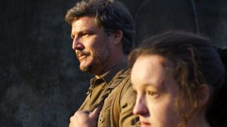 Pedro Pascal as Joel, with Bella Ramsey as Ellie, in the foreground in The Last of Us.