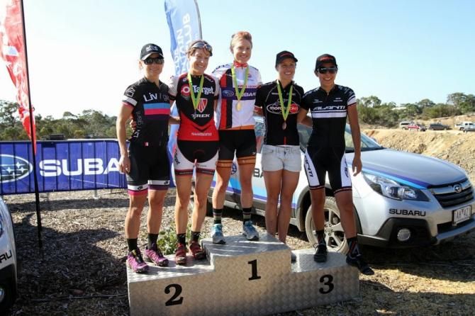 Elite women's XC Podium (L to R): Jodie Willett (4th), Tory Thomas (2nd), Jenni King (1st), Peta Mullens (3rd), Rowena Fry (5th)