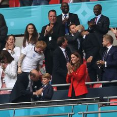 london, england june 29 prince william, president of the football association and prince george along with catherine, duchess of cambridge celebrate during the uefa euro 2020 championship round of 16 match between england and germany at wembley stadium on june 29, 2021 in london, england photo by carl recine poolgetty images