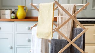 Tea towels drying on a clothes rack indoors beside an AGA