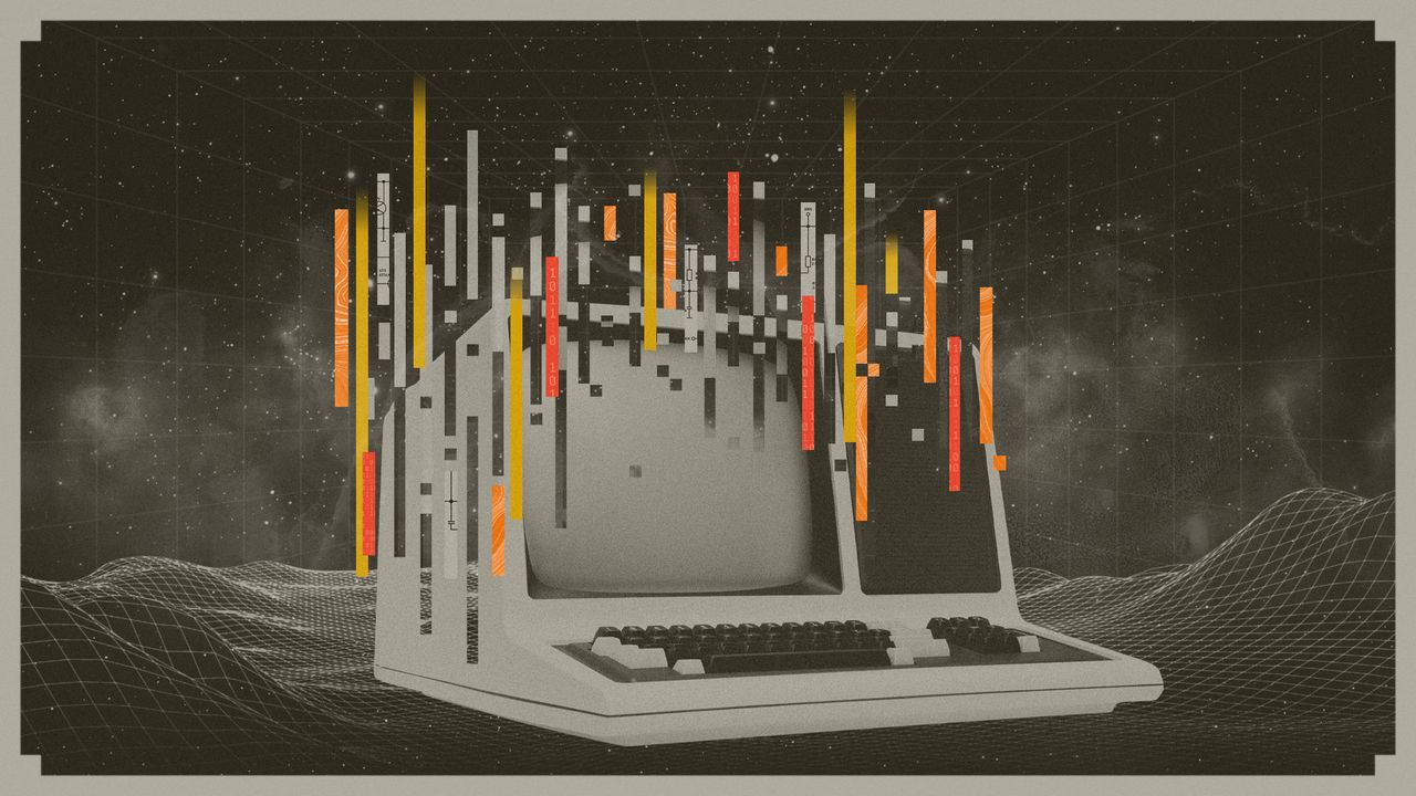 Illustration of a computer disassembling against a starry landscape