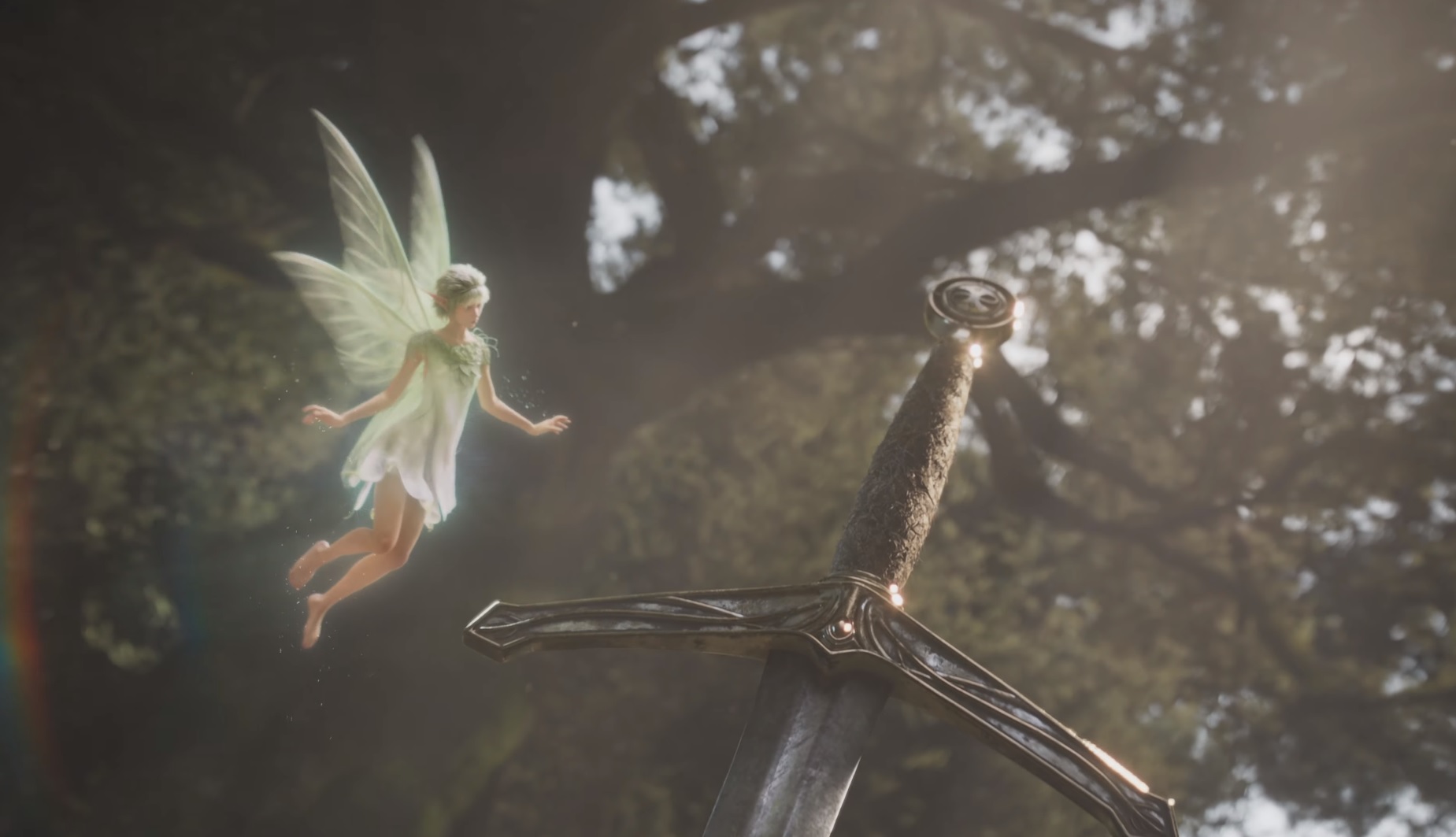Fable 4 - A fairy hovers near the hilt of a sword stuck into the ground