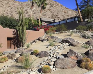 Front yard landscaped with rocks and cacti