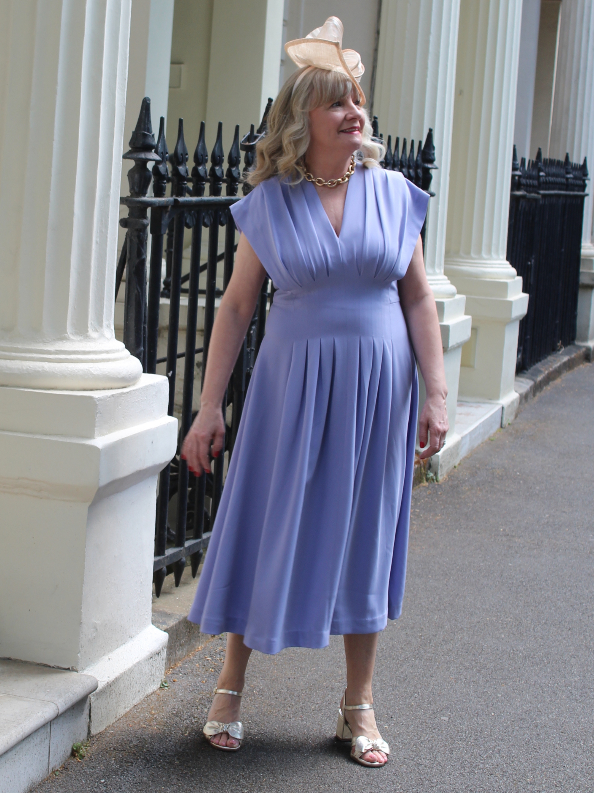 Julie Player wearing Tivoli Crepe Dress Lavender Haze