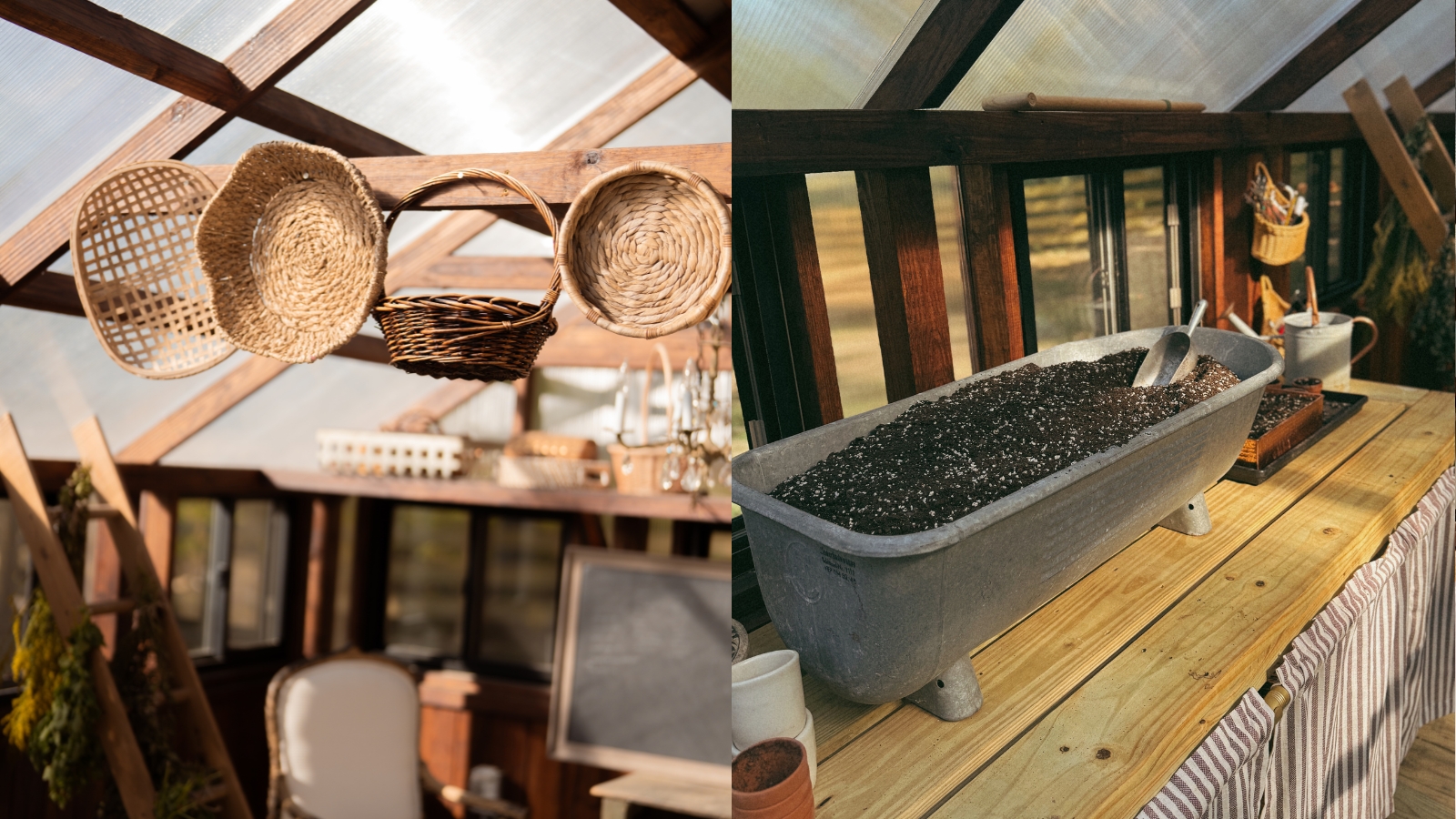 Wicker harvest baskets having from a wooden beam, and a zinc planter filled with potting soil