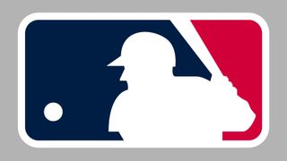 A shot of the MLB logo showing the silhouette of a baseball player on a blue and red background