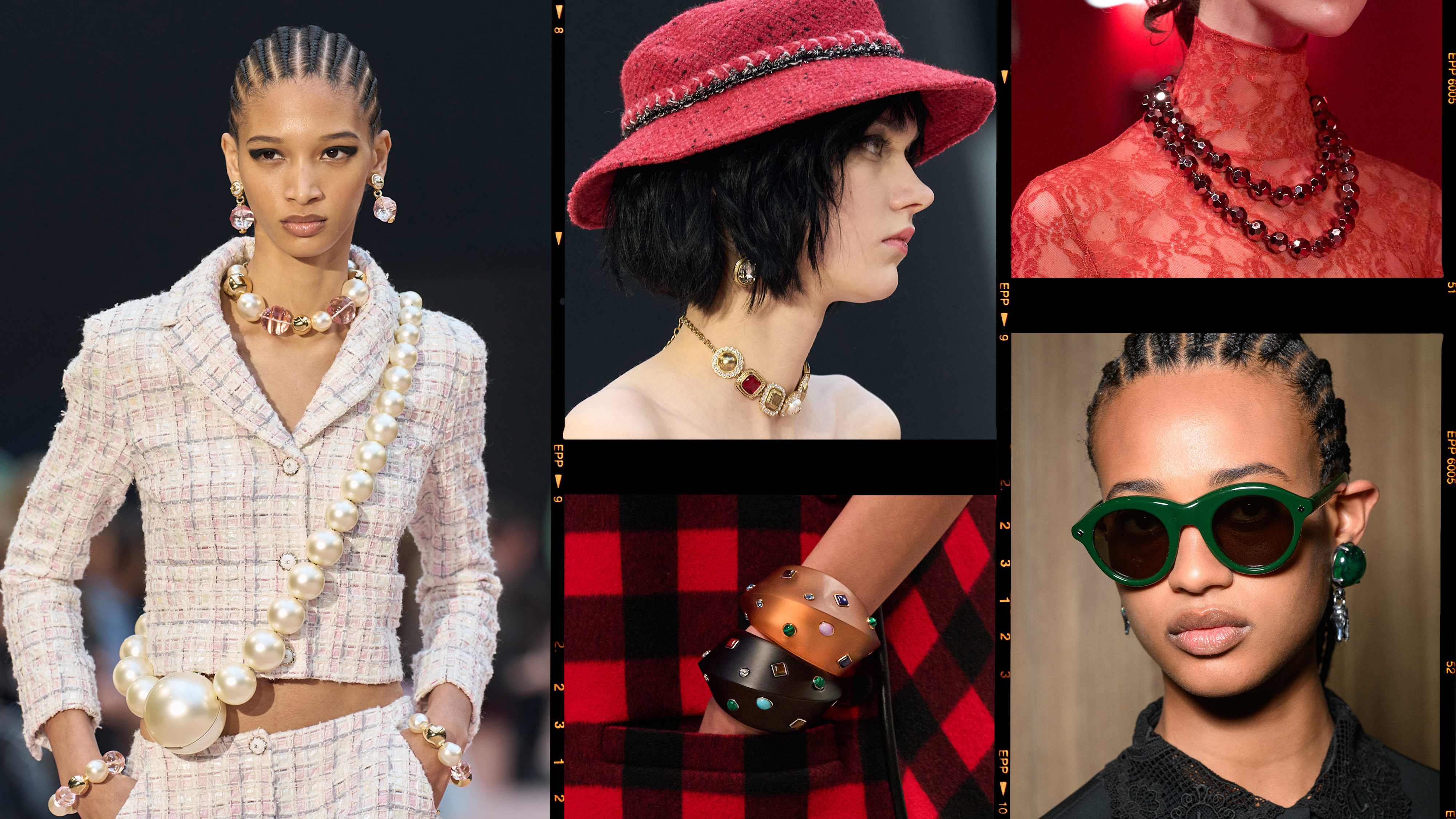 A Chanel model, Valentino model, Lacoste model, Louis Vuitton model, and Saint Laurent model wearing colorful jewelry 