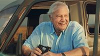 David Attenborough leans out of a car window with a big smile on his face. He is holding binoculars and looking out onto the savannah.