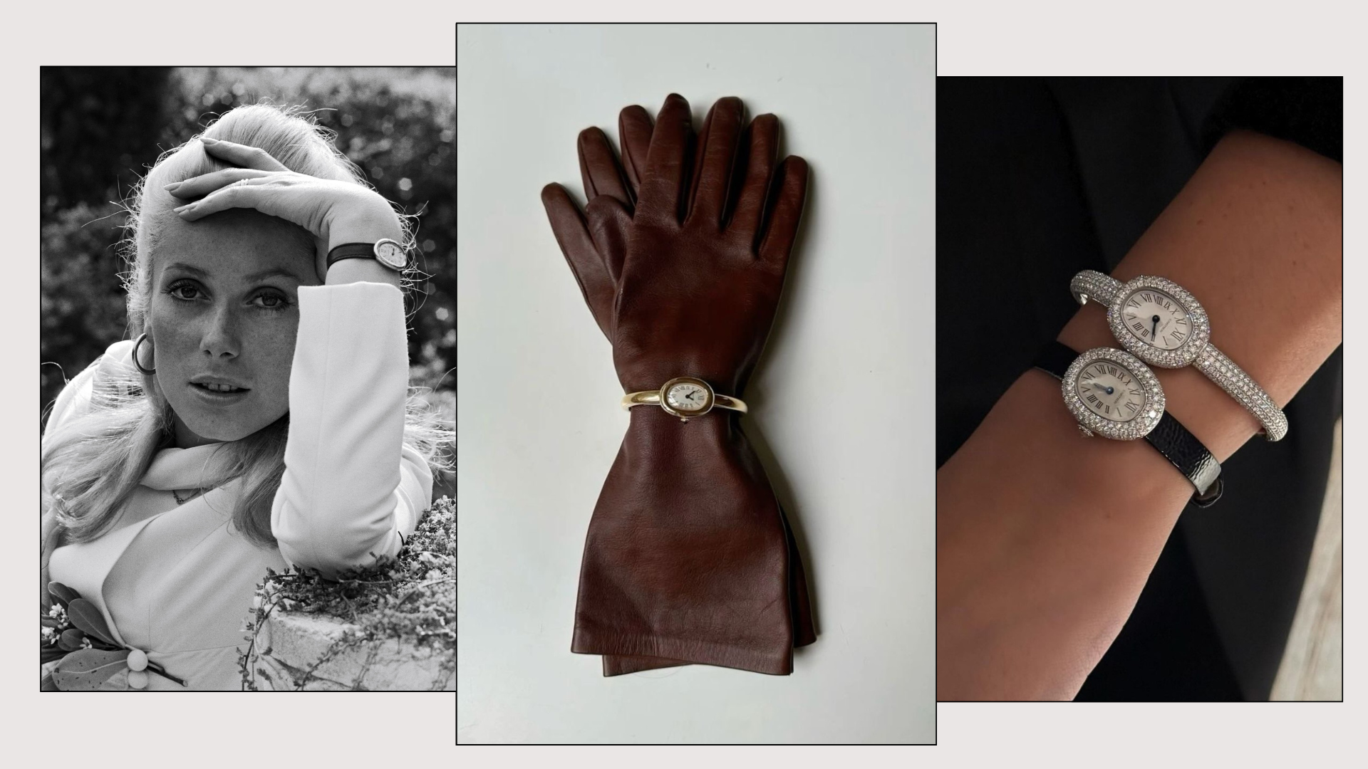 A collage of the Cartier Baignoire watch.