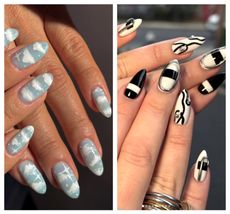 two white hands with abstract manicures, including a blue and white cloud design on the left and a black and white squiggle line design on the right
