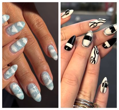 two white hands with abstract manicures, including a blue and white cloud design on the left and a black and white squiggle line design on the right