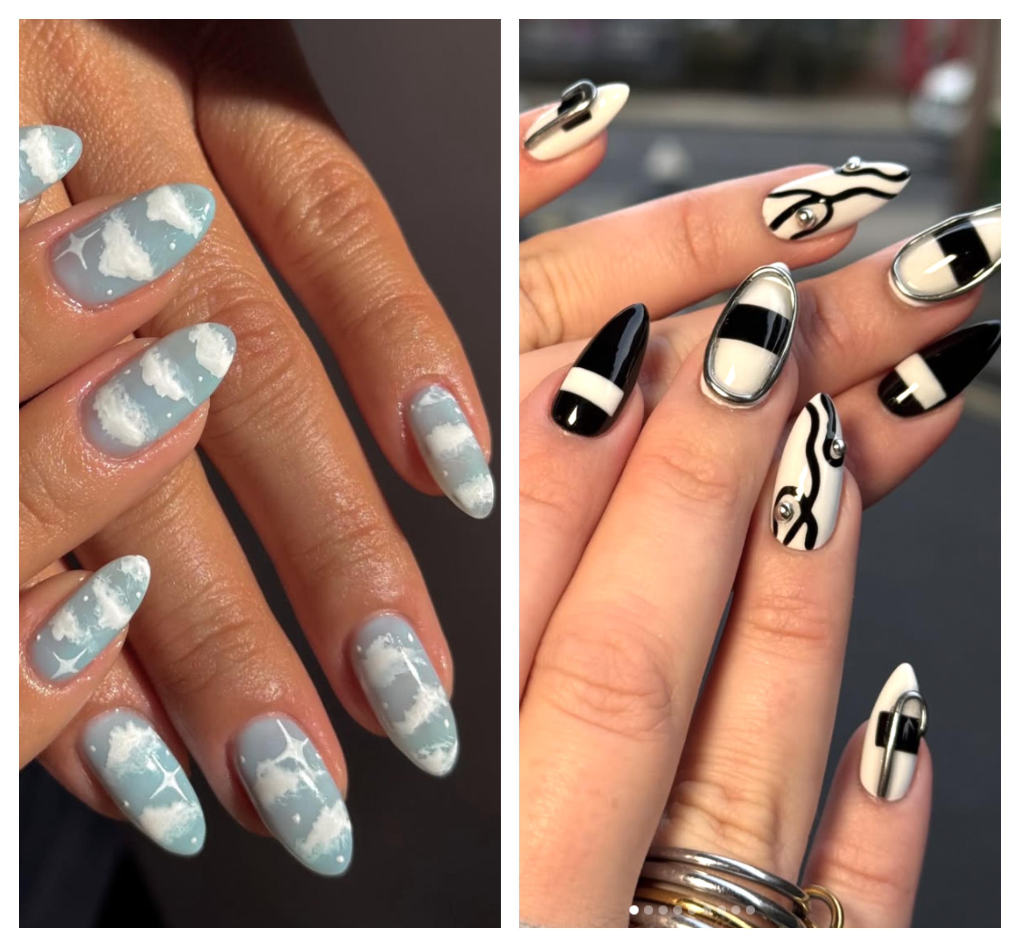 two white hands with abstract manicures, including a blue and white cloud design on the left and a black and white squiggle line design on the right