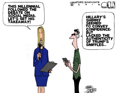 Political cartoon U.S. 2016 election presidential debate millennials