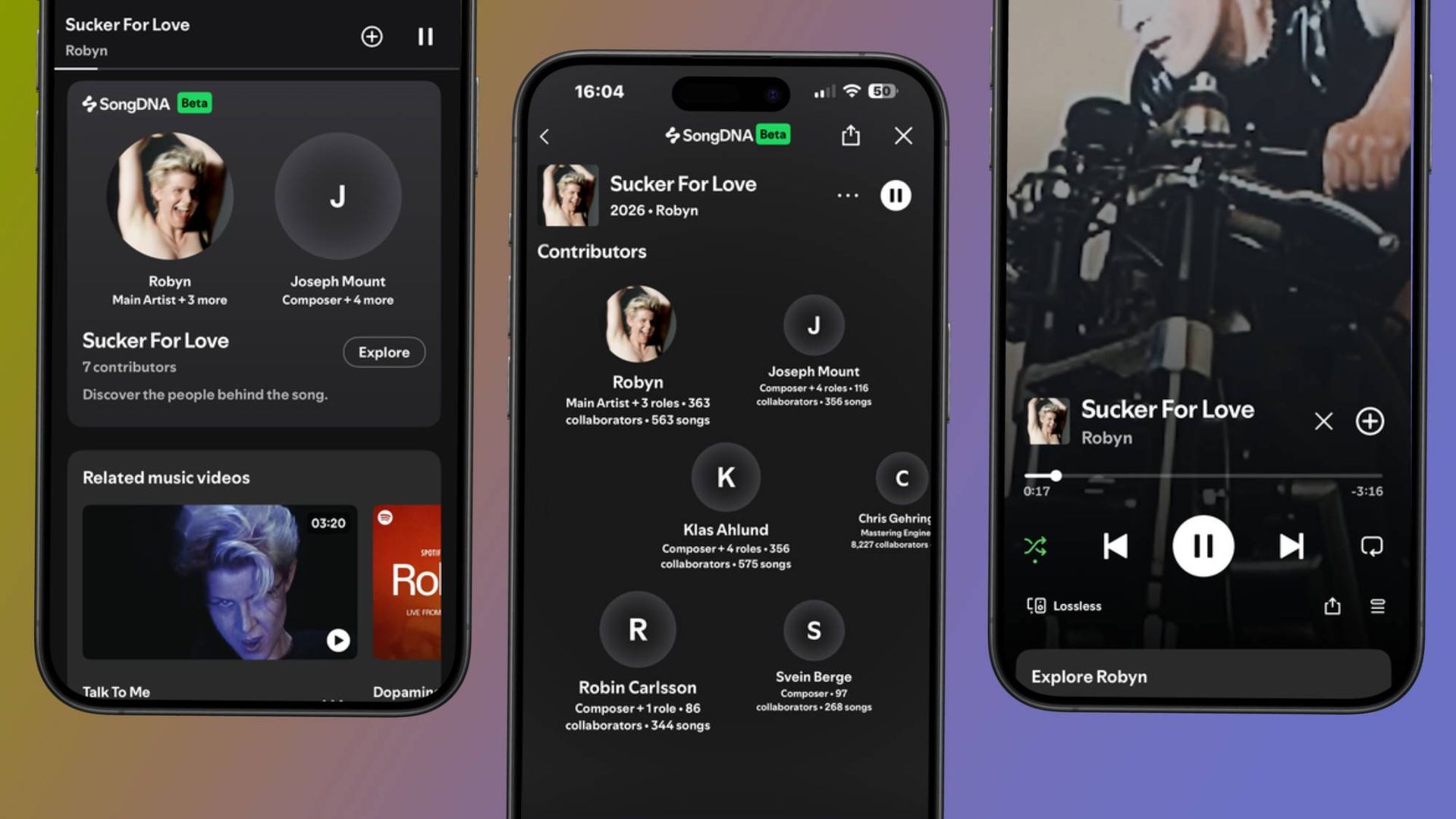 Tres iPhones mostrando SongDNA y la pantalla de reproducción de Spotify