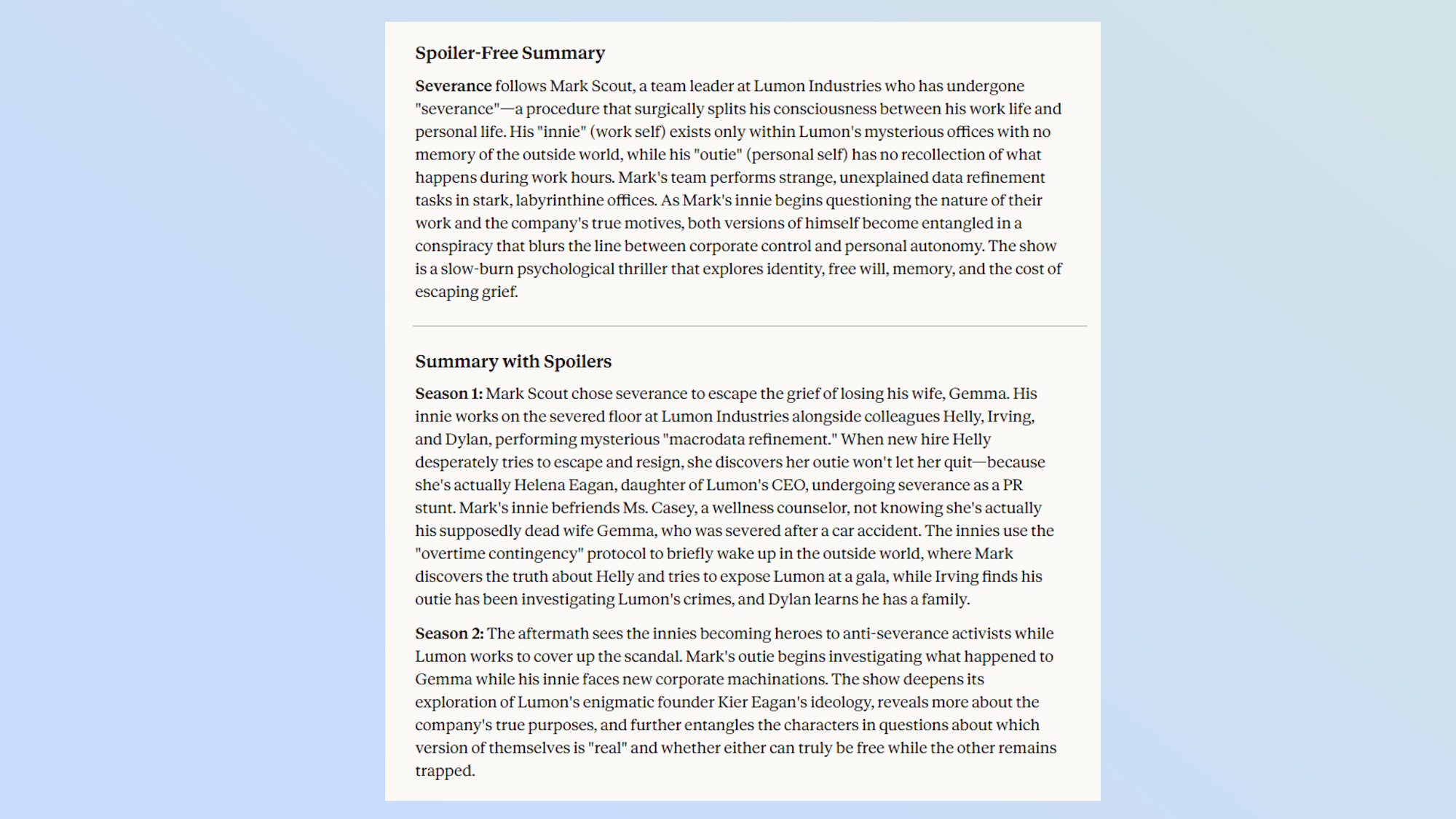 A summary of 'Severance' as written by Claude.