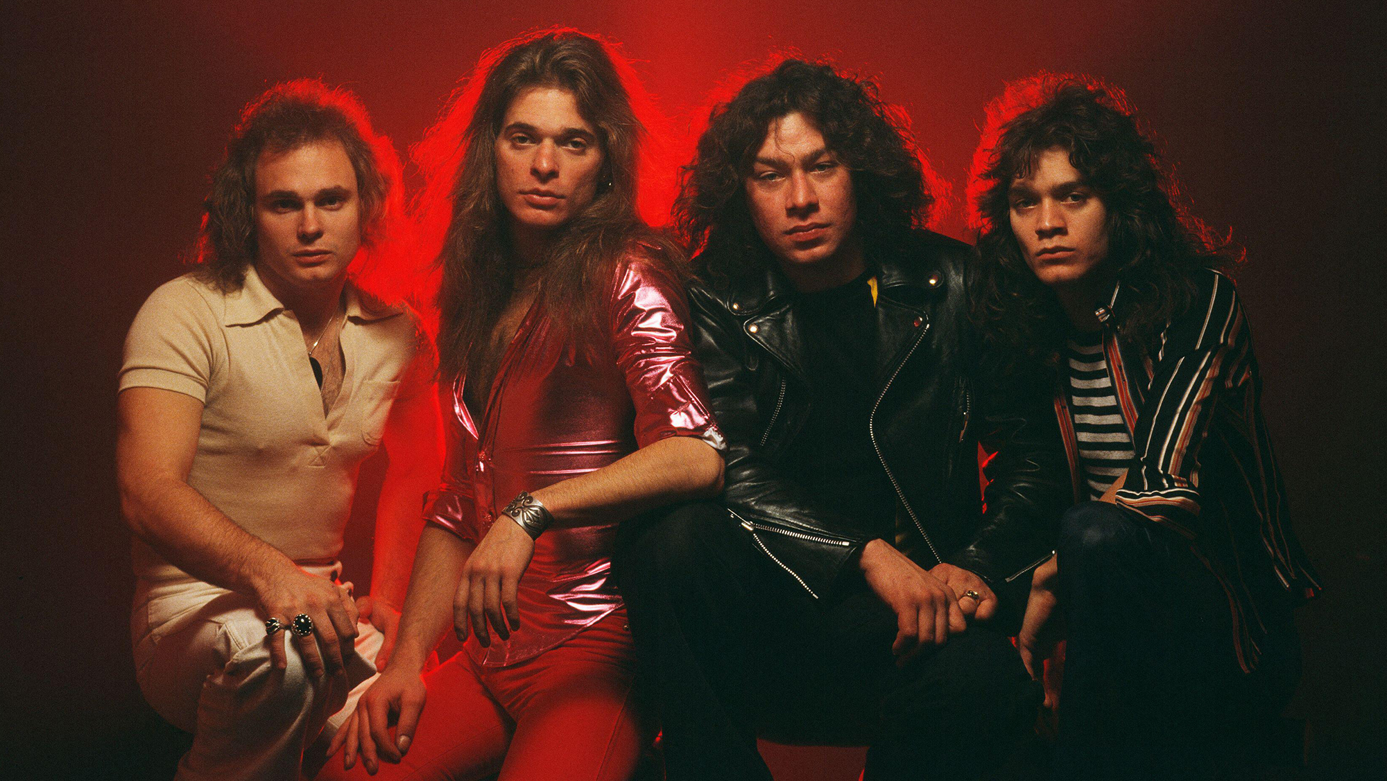 Van Halen pose in the Netherlands in 1978. (from left) Michael Anthony, David Lee Roth, Alex Van Halen and Eddie Van Halen.