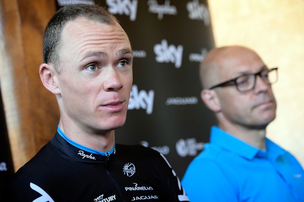 Chris Froome addresses the media.