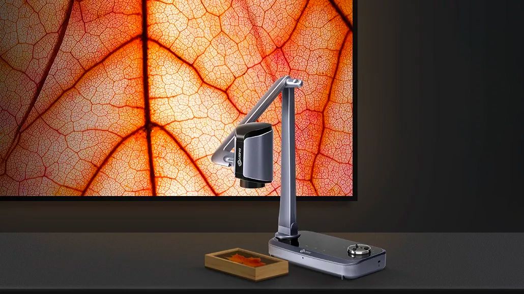 The Joyusing VX1-4K document camera on a desk showing close up of leaf on a screen