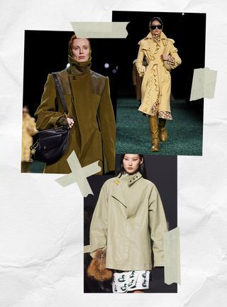 a collage of models on the runway wearing burberry bags