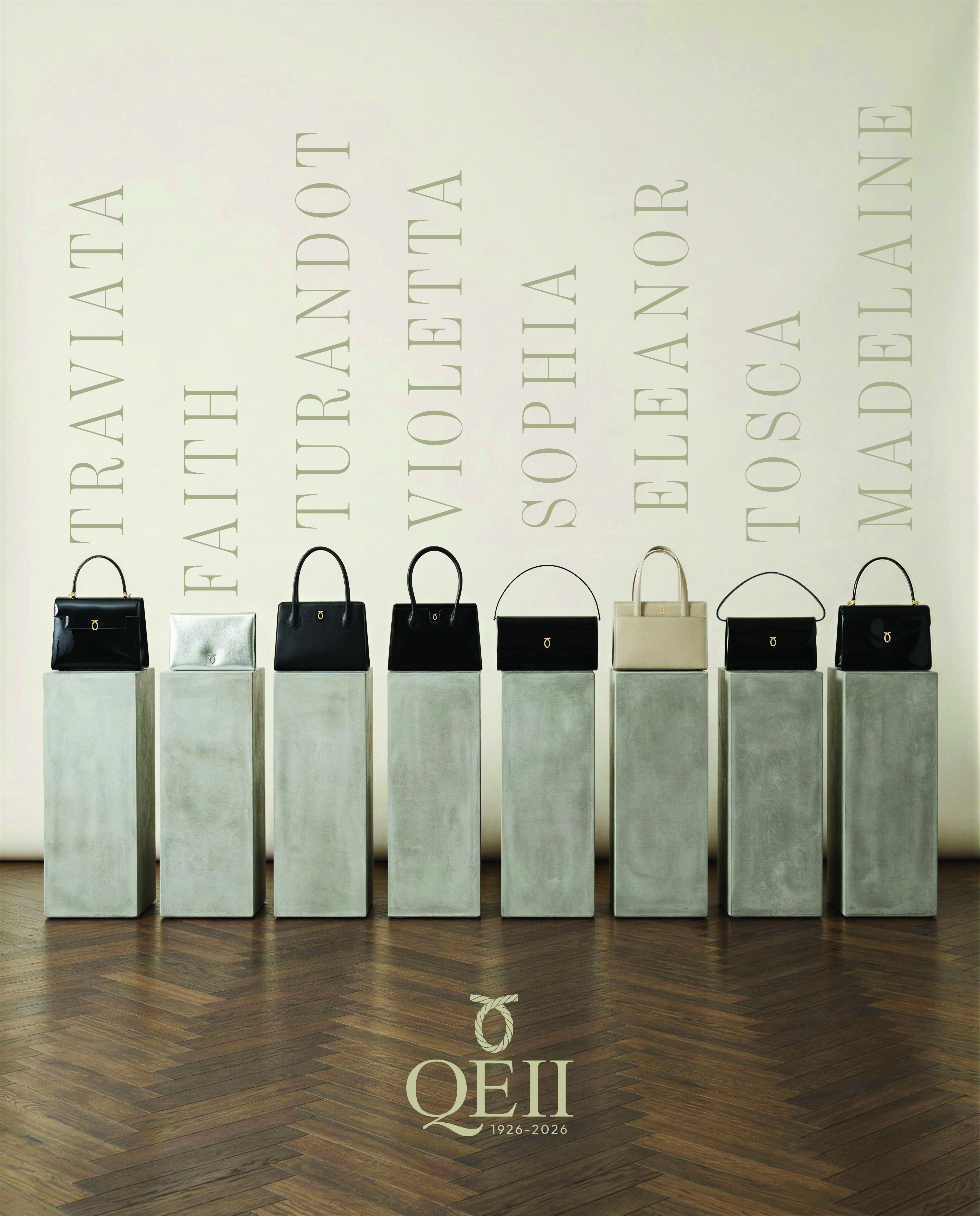 A collection of Launer bags celebrating Queen Elizabeth's 100th birthday.