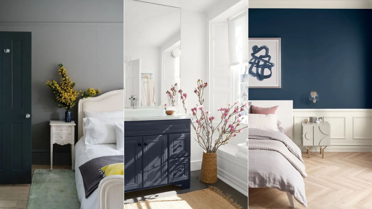 gray bedroom, white bathroom, dark blue bedroom