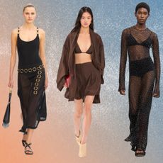 Models wearing beach outfits of a brown bikini, shirt, and shorts at Philosophy Di Lorenzo Serafini Spring 2024, a black swimsuit and sheer skirt at Michael Kors Spring 2024, and black sheer dress and bikini at Gabriela Hearst Spring 2024
