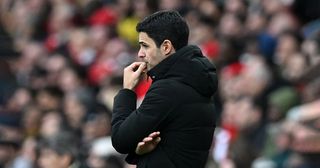 Arsenal manager Mikel Arteta looks on during the English Premier League football match between Arsenal and Leeds United at the Emirates Stadium in London on April 1, 2023.