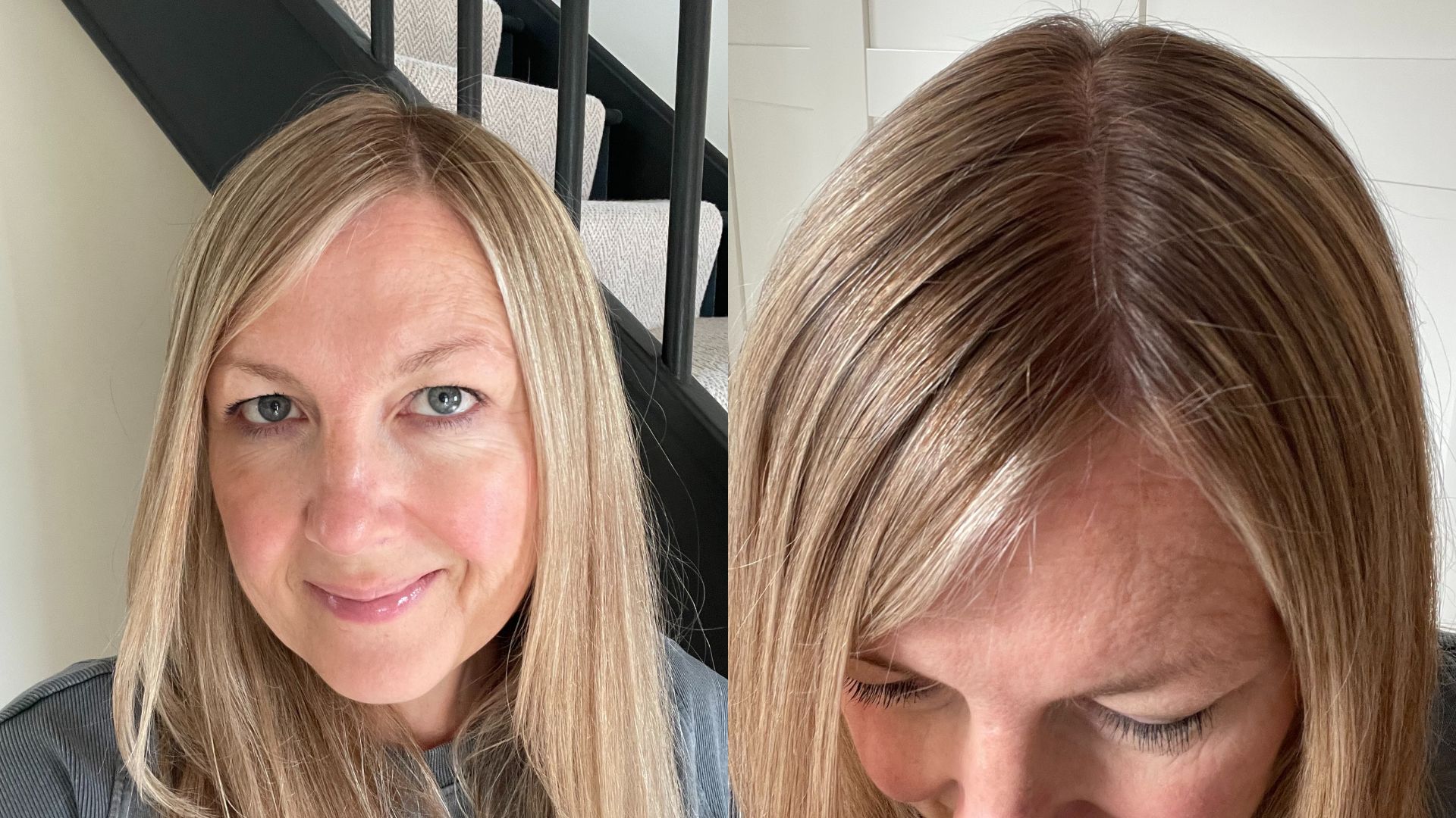 Two images of beauty director Sarah Cooper White, with smooth and silky blonde highlighted hair that has blended roots and no visible regrowth