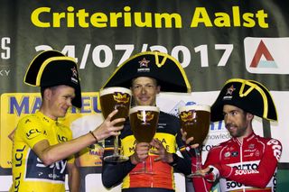 Chris Froome, Oliver Naesen and Thomas De Gendt on the podium in Aalst