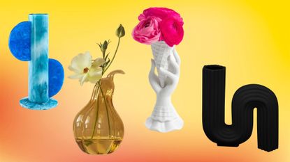 whimsical vases in various shapes: fruit, ice cream cone, geometric shape