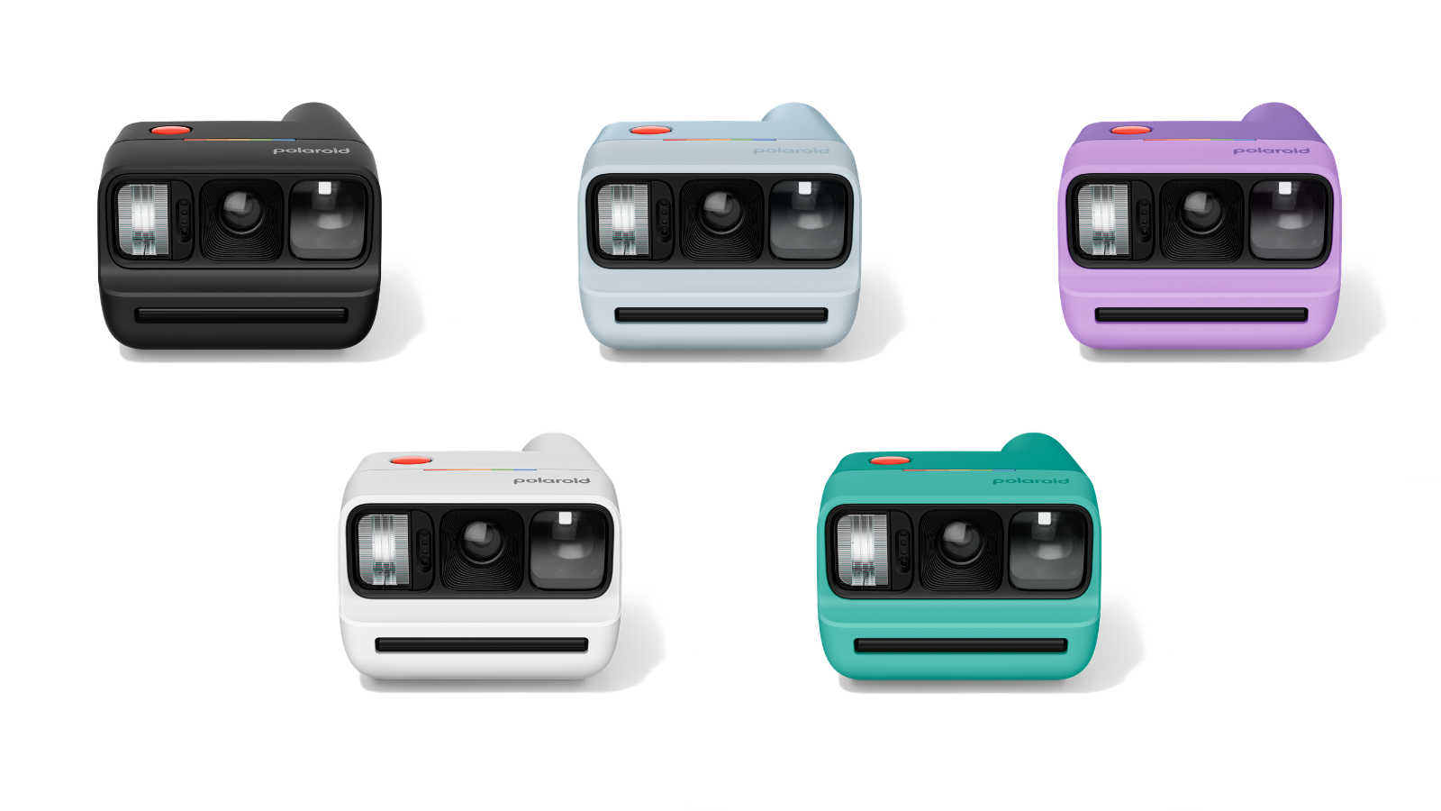 Polaroid Go camera in five colors: black, ice blue, purple, white, teal blue