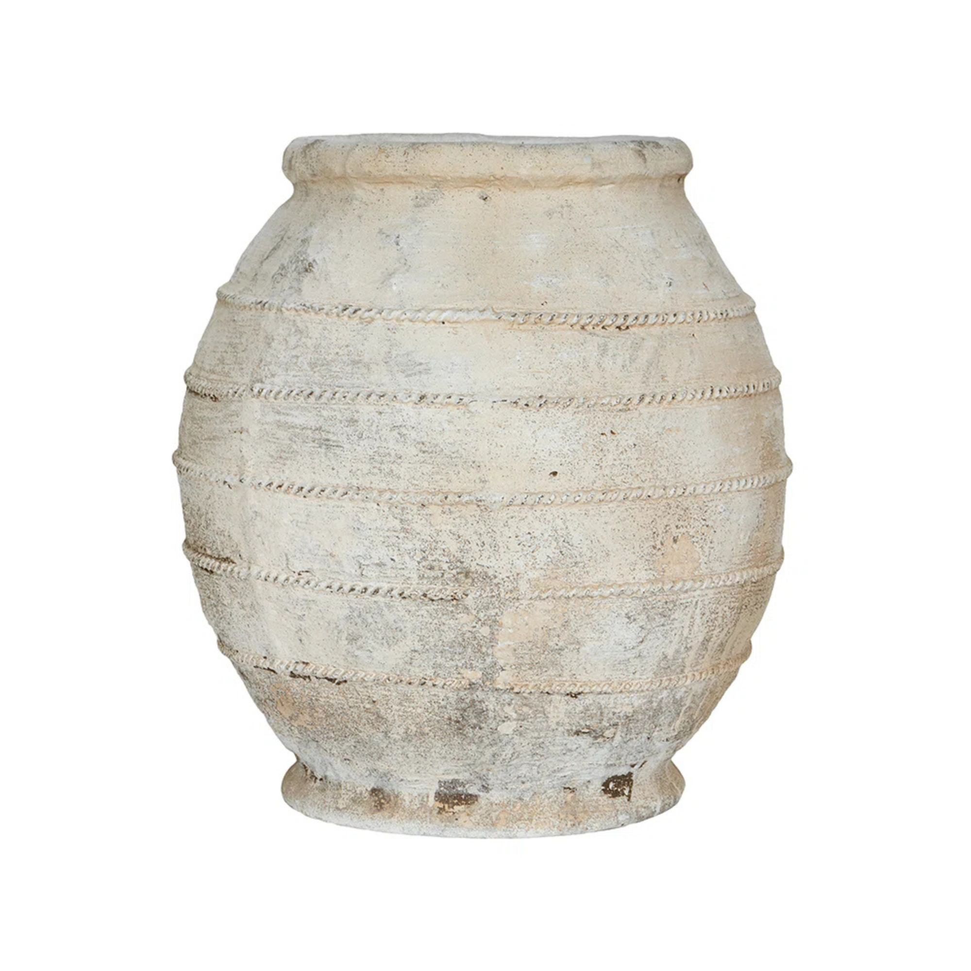 Large Magnesium Flower Pot With Weathered White Finish And Ridged Texture