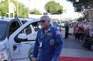 Astronaut Jon McBride at the finish line of the 2013 Fireball Run in Riverside, Calif. 'Space Race' will be his fifth run.