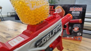 Nerf Pro Gelfire Mythic and box closeup view
