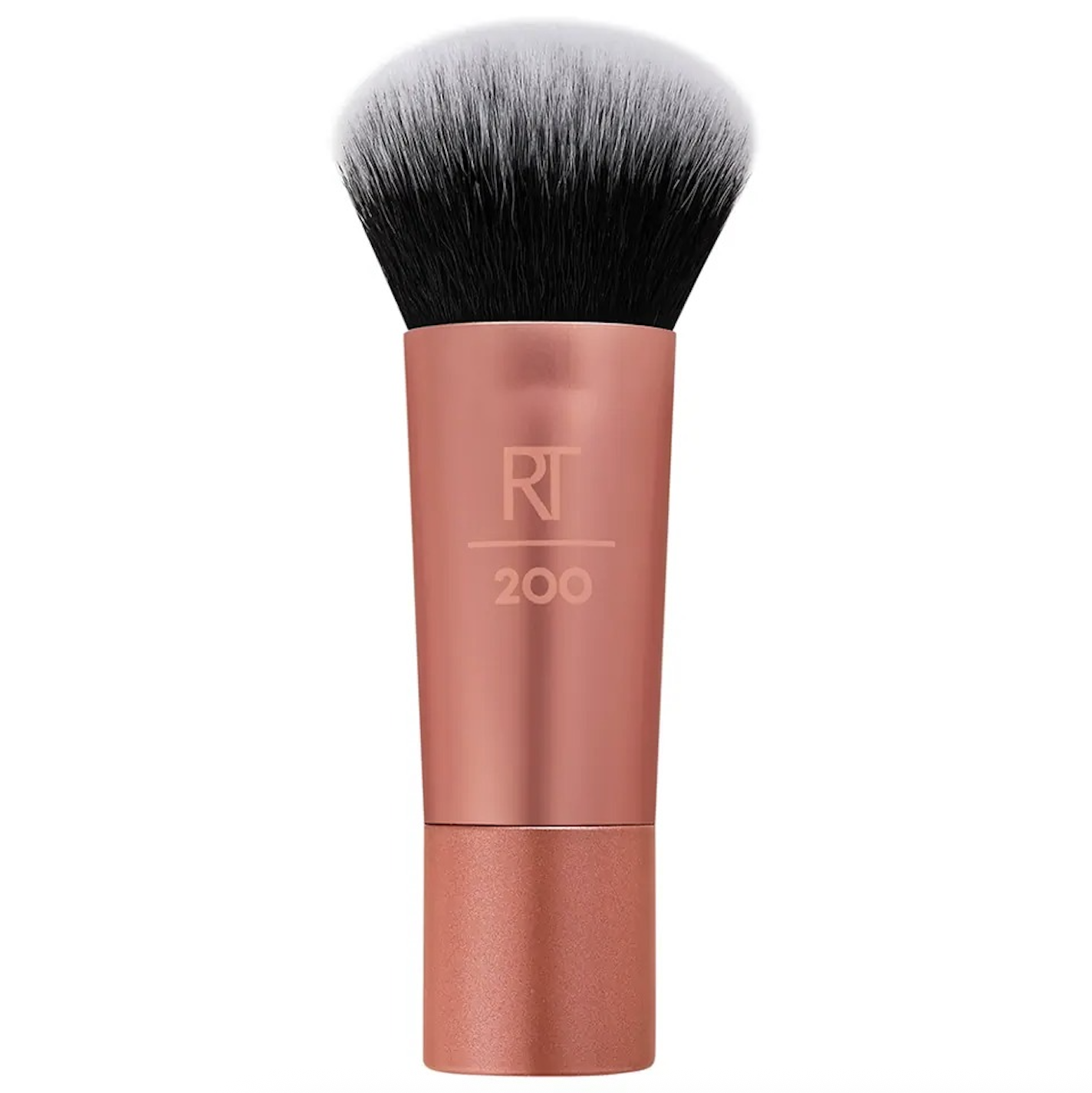 Small brush with rose gold handle and black and white bristles