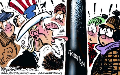 Political cartoon U.S. Uncle Sam Trumpism Christmas Story pole