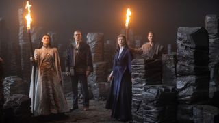 Lanfear, Rand, Moiraine and Lan in The Ways in The Wheel of Time season 2 episode 8.