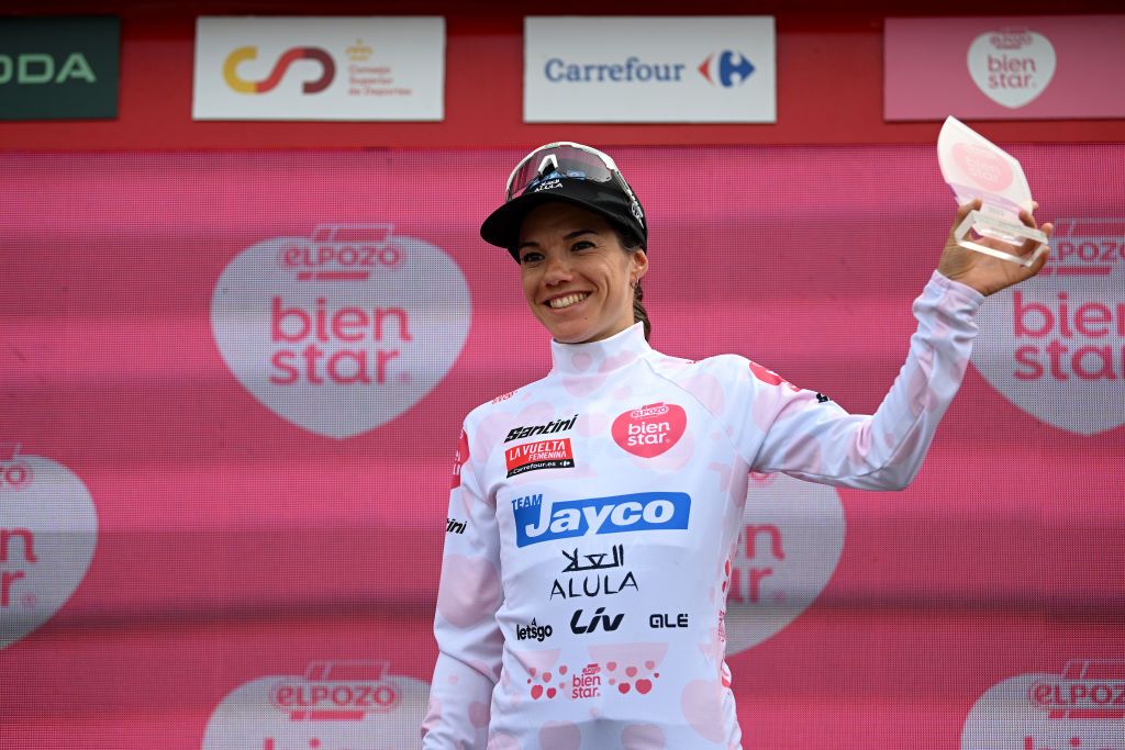 MIRADOR DE PEAS LLANAS SPAIN MAY 05 Ane Santesteban of Spain and Team JaycoAlula celebrates at podium as White Most Combative Rider Jersey winner during the 9th La Vuelta Femenina 2023 Stage 5 a 1292km stage from La Cabrera to Mirador de Peas Llanas 1479m UCIWWT on May 05 2023 in Mirador de Peas Llanas Spain Photo by Dario BelingheriGetty Images
