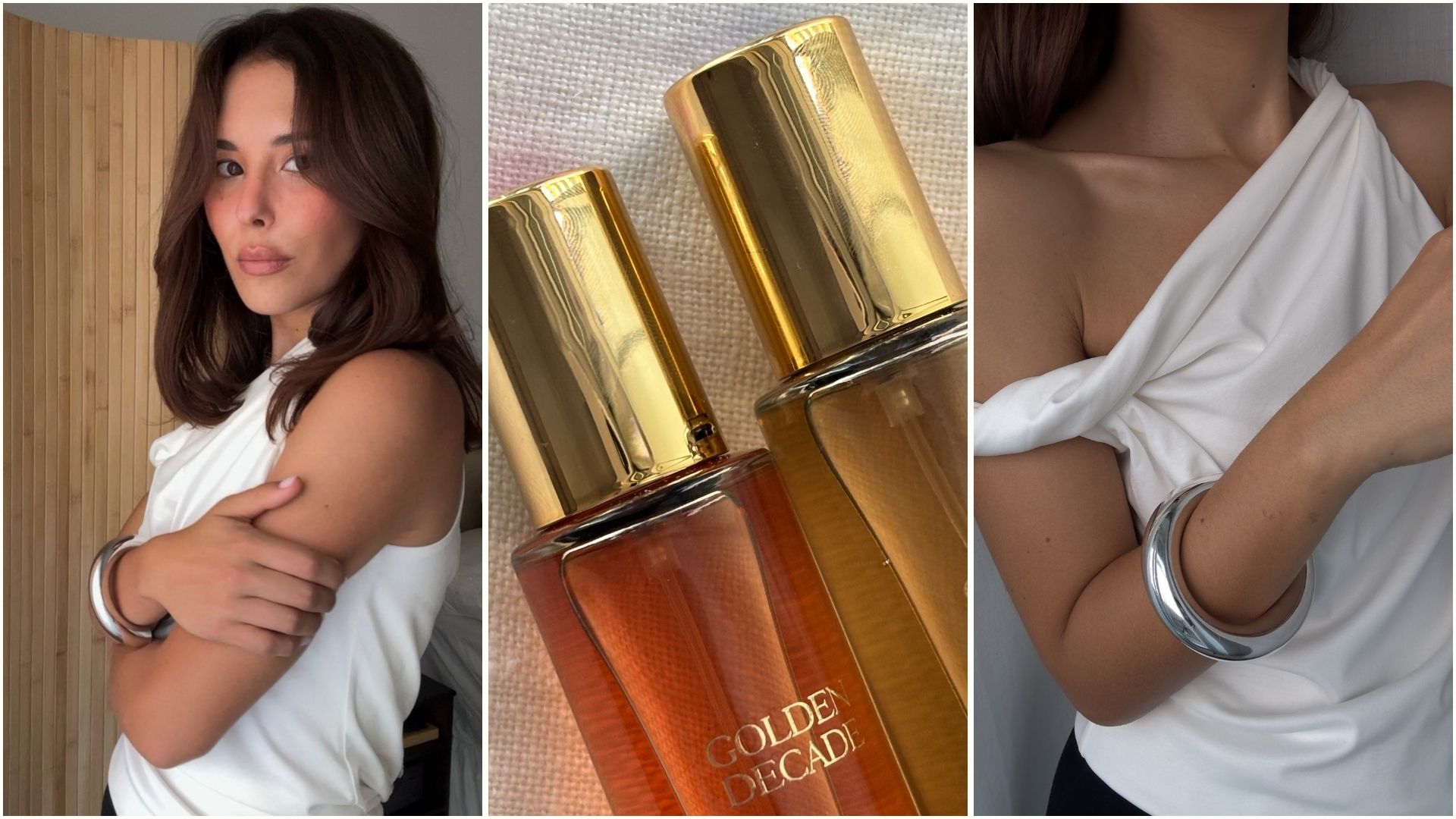 Creator @deborabrosa wearing a white off-the-shoulder top and a silver bangle and a picture of the Zara Golden Decade perfume