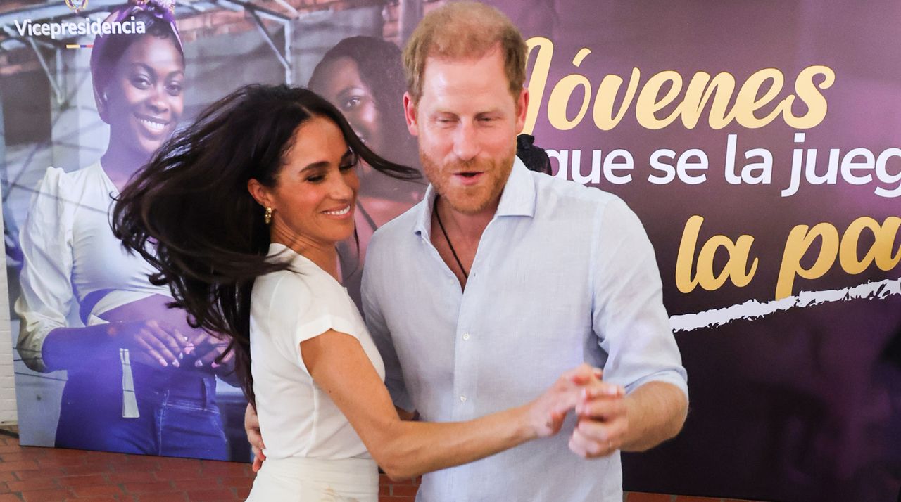 Meghan, Duchess of Sussex and Prince Harry, Duke of Sussex seen at the Unidad Recreativa El Vallado on August 18, 2024 in Cali, Colombia. 