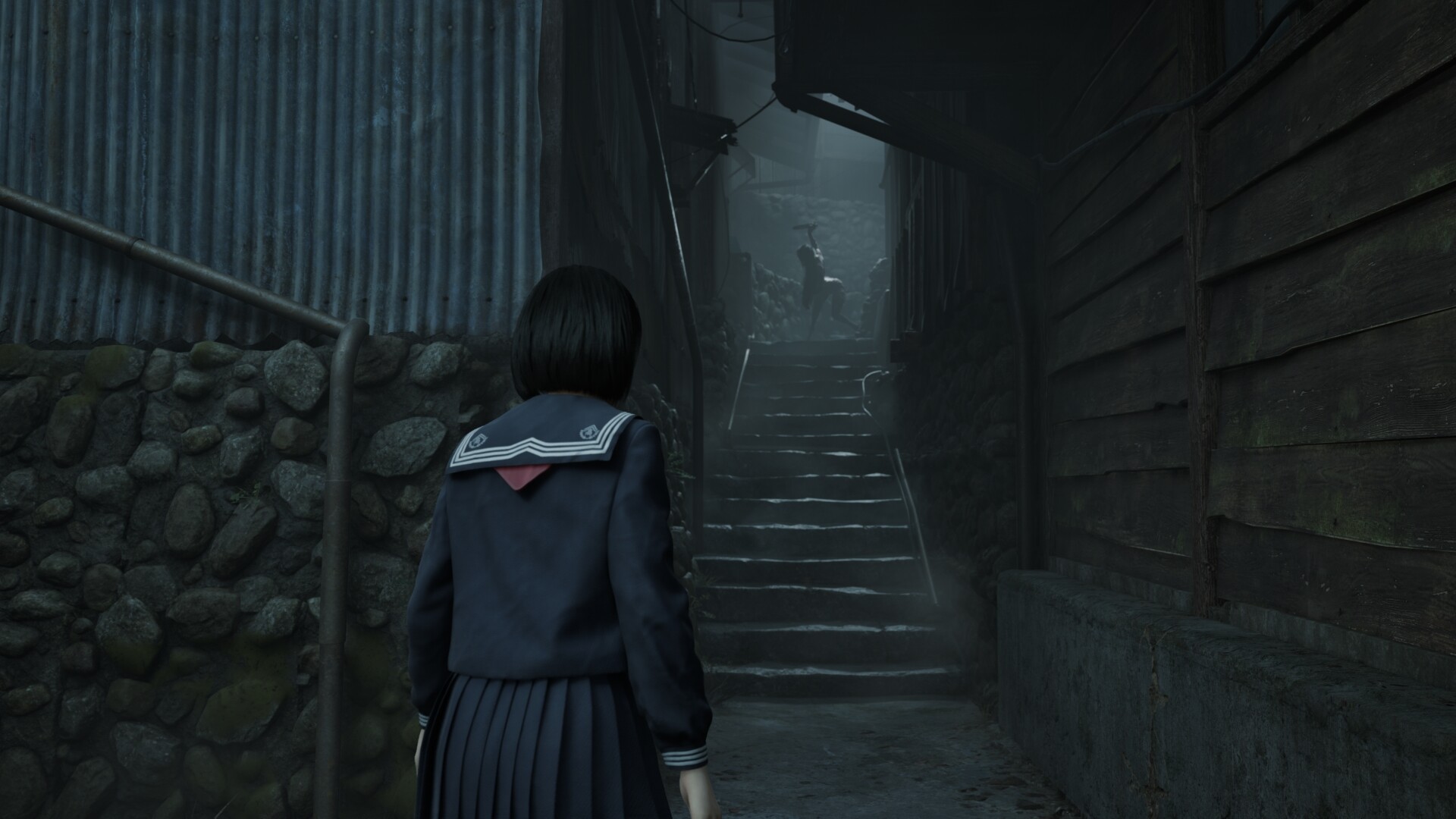 Silent Hill f screenshot showing a character holding place at a run of stairs with a scary enemy waiting at the top