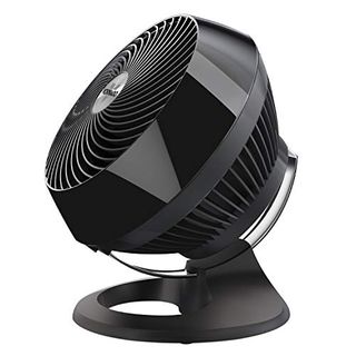 Black round oscillating fan with round base