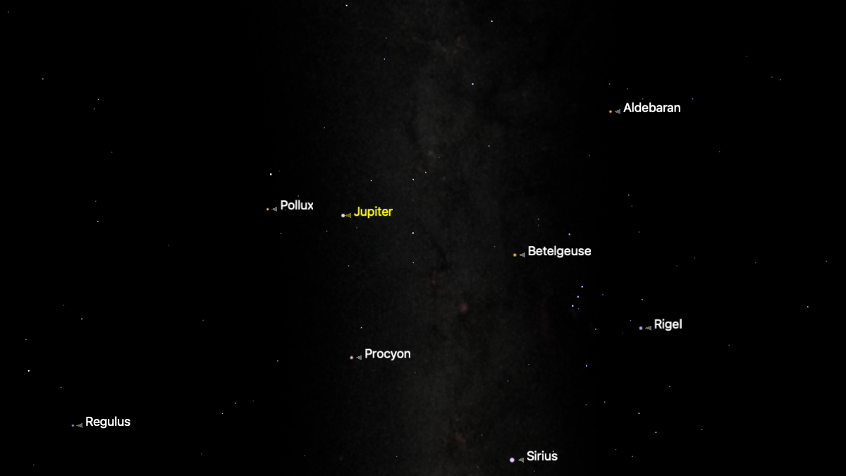 A simulation of the night sky for Feb. 15 showing Jupiter labelled in yellow with prominent stars labelled in white. The glowing band of the Milky Way is visible streaming vertically down to the right of Jupiter.