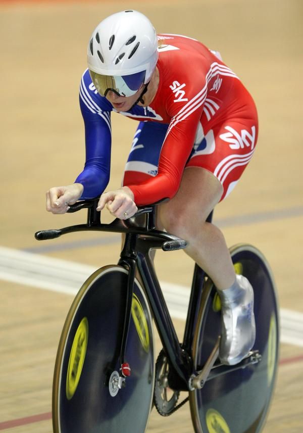 Britain's Wendy Houvehaghel on her way to qualify quickest in the women's individual 3,000m pursuit