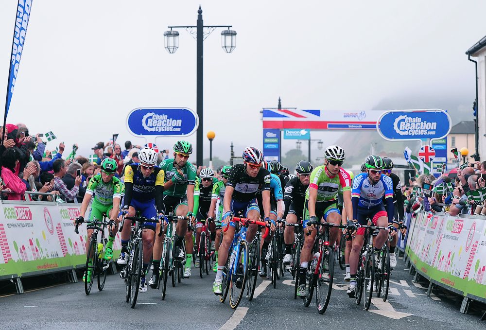 The peloton gets underway during stage 6 in Britain.