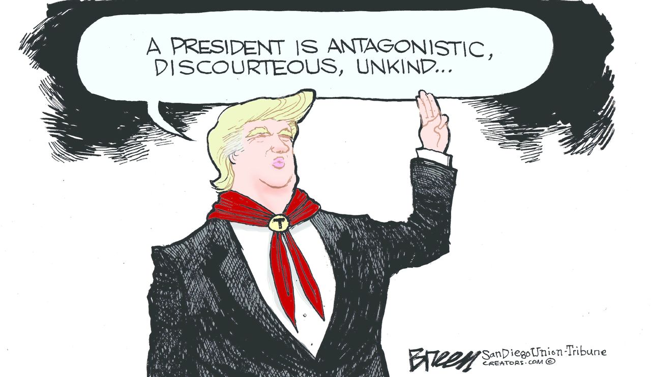 Political cartoon U.S. Trump boy scouts speech