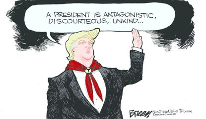 Political cartoon U.S. Trump boy scouts speech