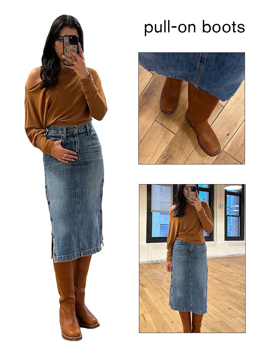 Collage of WWW editor Josephine Hadjiloucas in fall shoe outfits. She is wearing a pair of Frye Campus boots.