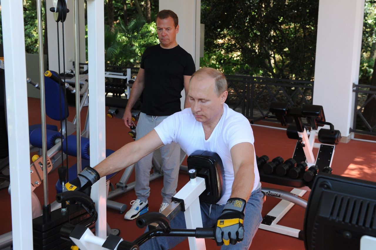 Vladimir Putin and Dmitri Medvedev work out together