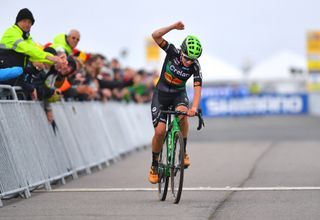 Maud Kaptheijns celebrates as she crosses the line